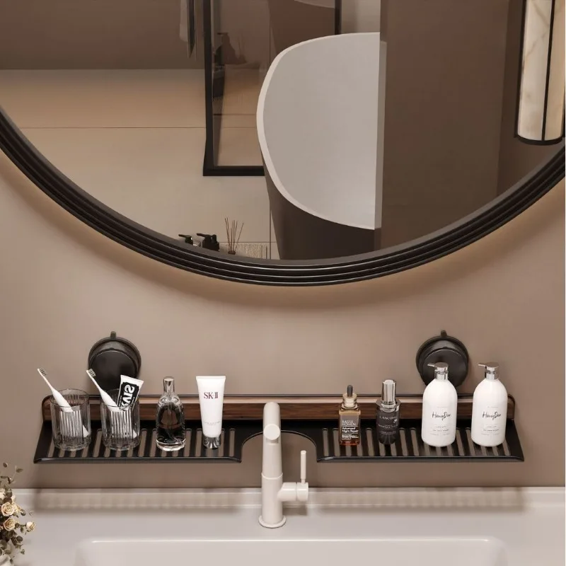 40/50cm Walnut Suction Cup Bathroom Shelf No-Drill Heavy Duty Storage Rack Over Faucet Sink Rack Wall-Mounted Bathroom Accessori